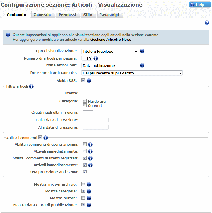 Sezione Articoli Miglior cms italiano in AspNet e Bootstrap