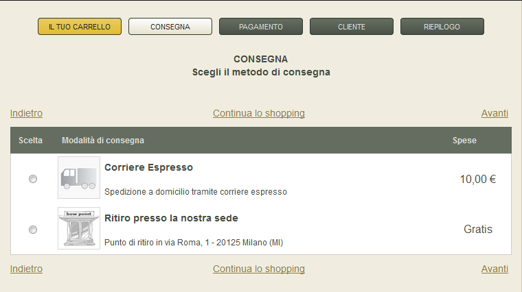 Seleziona la Modalità di Consegna Miglior CMS Italiano Bootstrap AspeNet Miglior Ecommerce